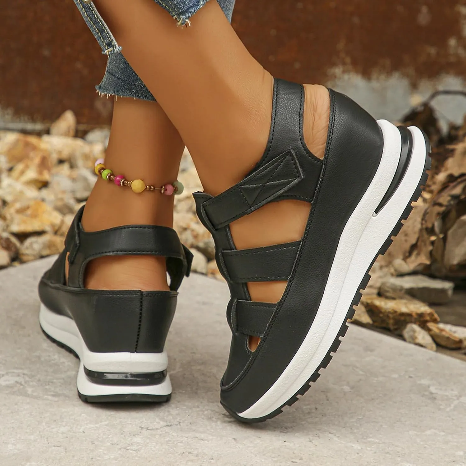 2025 New Women's Hollow Out Breathable Platform Wedge Sandals,Womens Stylish Orthopedic Roman Sandal,Closed Toe Platform Sandals Height-Boosting Thick Sole