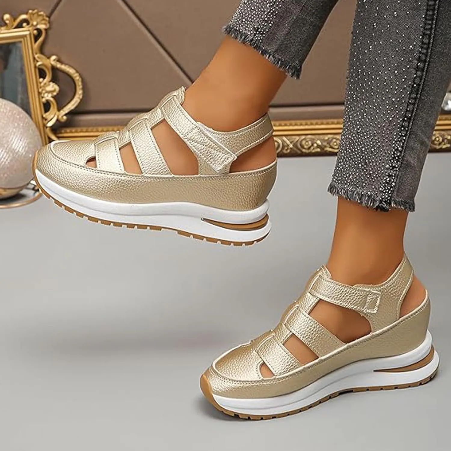 2025 New Women's Hollow Out Breathable Platform Wedge Sandals,Womens Stylish Orthopedic Roman Sandal,Closed Toe Platform Sandals Height-Boosting Thick Sole