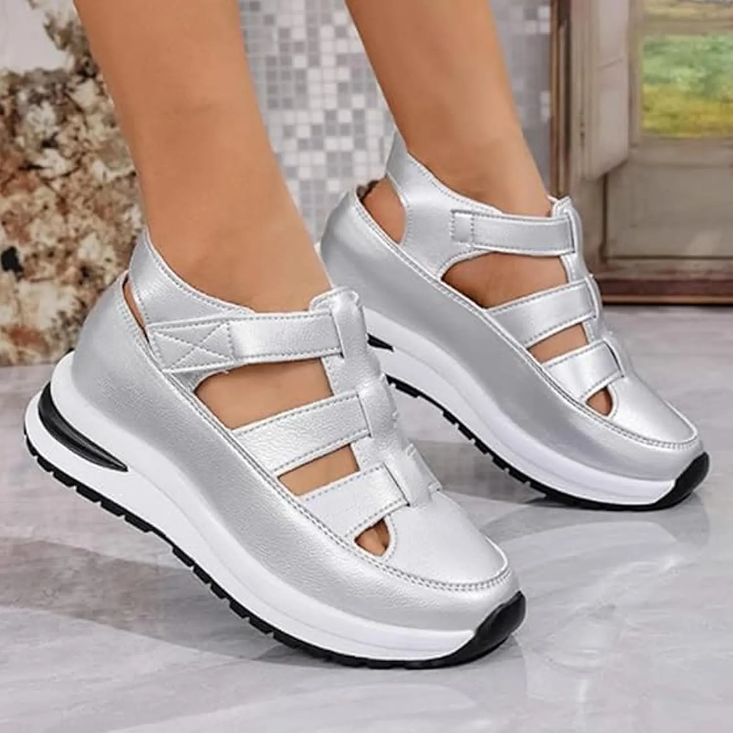 2025 New Women's Hollow Out Breathable Platform Wedge Sandals,Womens Stylish Orthopedic Roman Sandal,Closed Toe Platform Sandals Height-Boosting Thick Sole