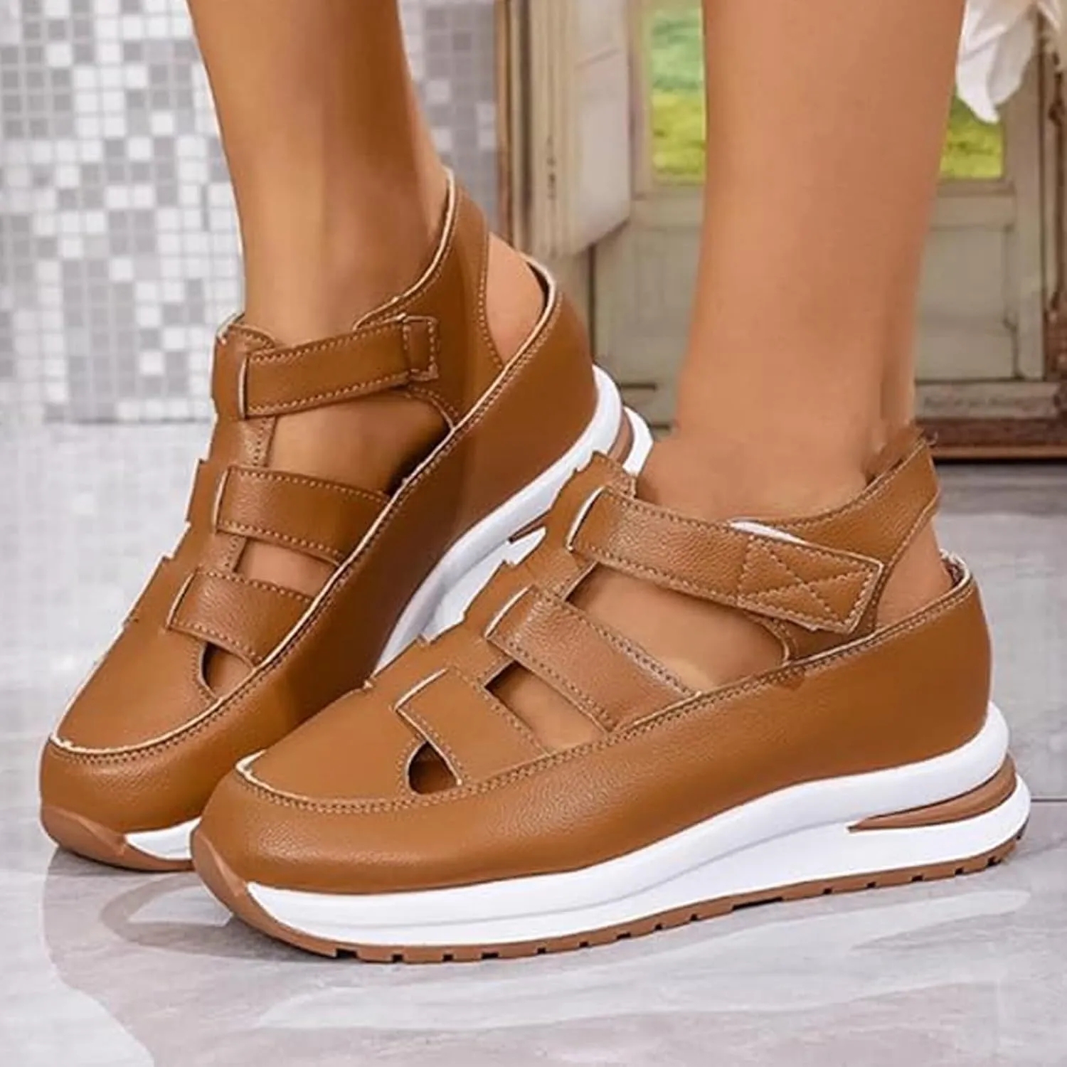 2025 New Women's Hollow Out Breathable Platform Wedge Sandals,Womens Stylish Orthopedic Roman Sandal,Closed Toe Platform Sandals Height-Boosting Thick Sole