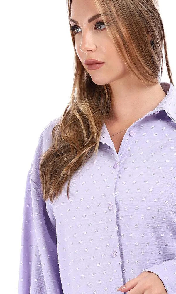 95423 Puffy Sleeves Slub Buttoned Down Shirt - Lilac