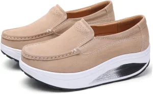 Aceptolcom Women's Red Suede Platform Wedge Loafers, Casual Comfort Good Arch Support Slip On Shoes, Size 4.5-9.5
