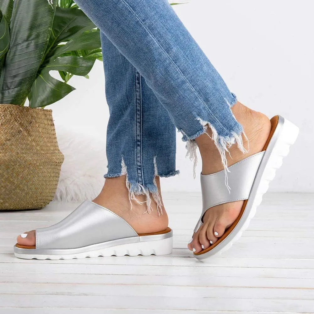 Acrossage Women Comfort Platform Wedge Sandals Open Toe Leather Bunion Slippers Lightweight Flip Flops Shoes for Summer
