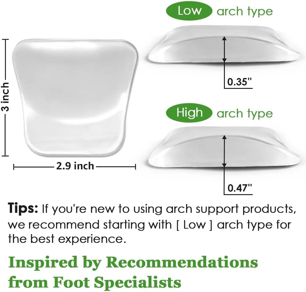 Arch Support Inserts Women for Flat Feet & Plantar Fasciitis - 2 Height Options for High Arch & Low Arch, Gel Arch Support Cushions for High Heels, Flats and Sneakers (Clear, Low)