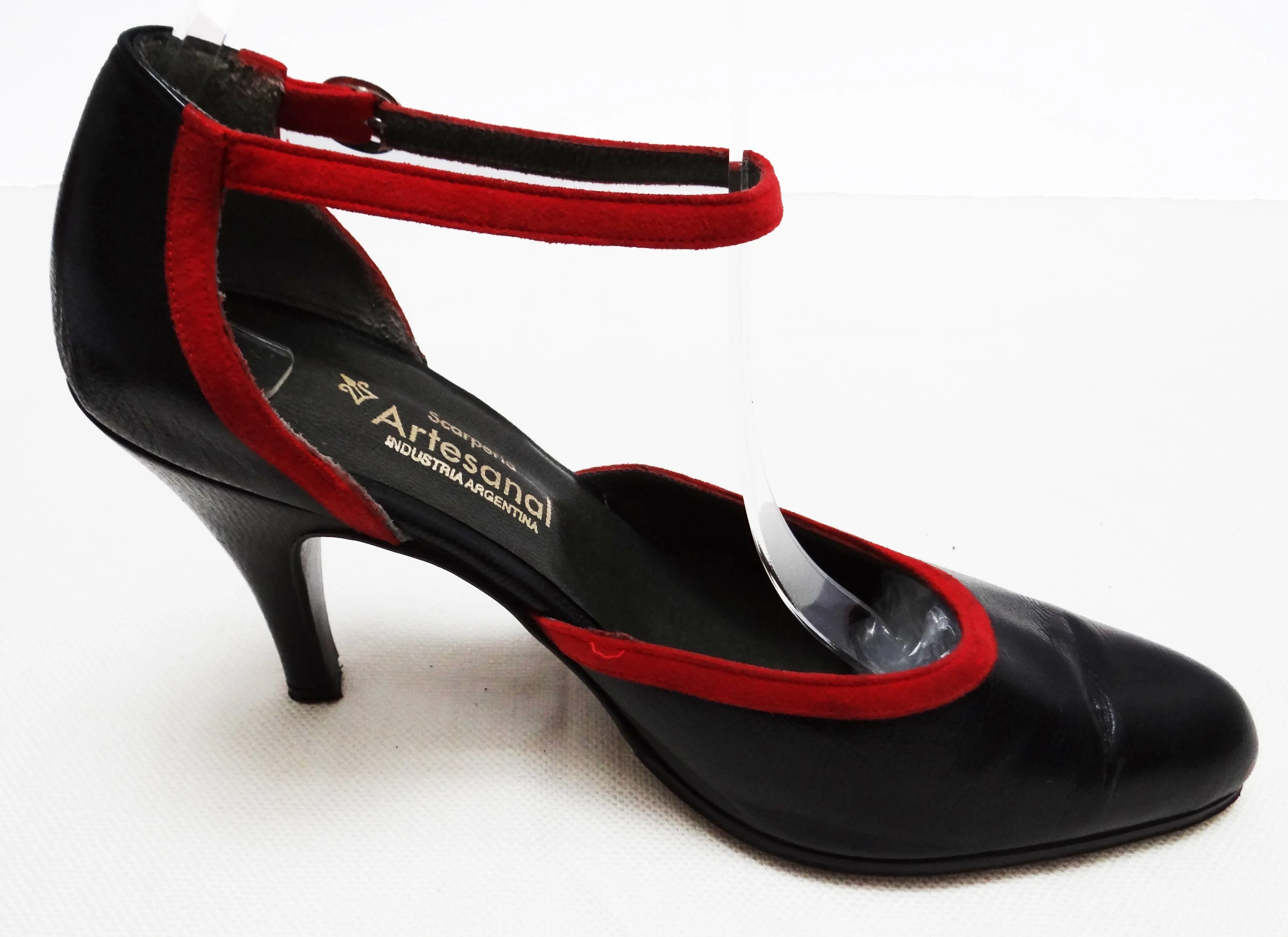 Artesanal Tango Ankle Strap Pumps with Red Trim, UK6