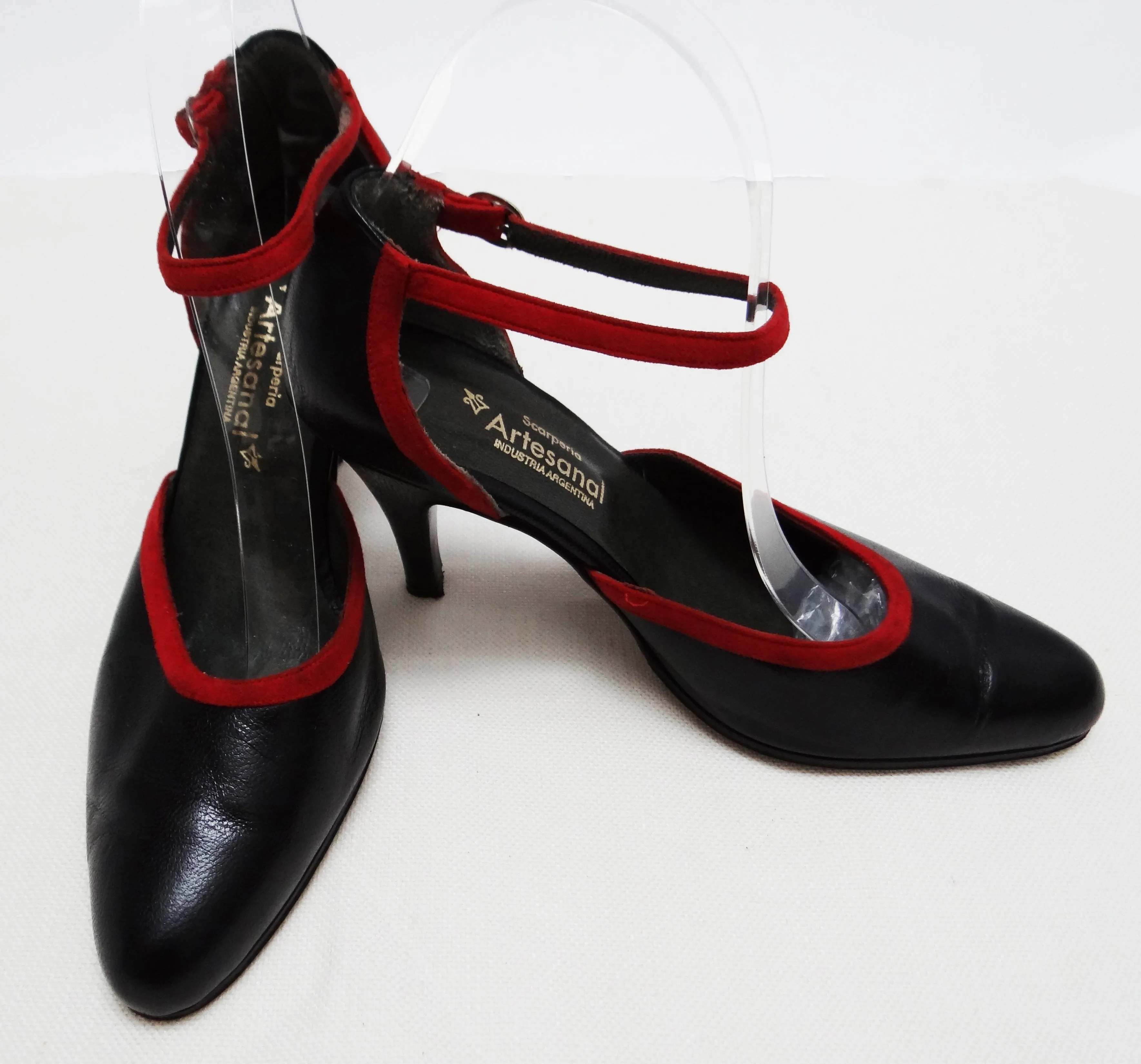 Artesanal Tango Ankle Strap Pumps with Red Trim, UK6