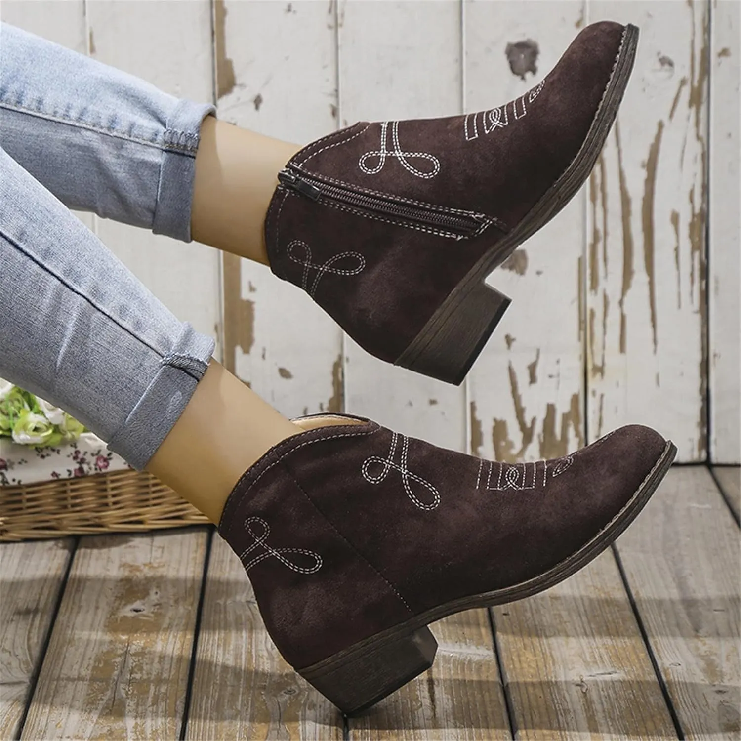Boots for Women Ankle Booties Black Boots for Women Winter Fashion Short Boots Side Zipper Chunky Heel Low Boots
