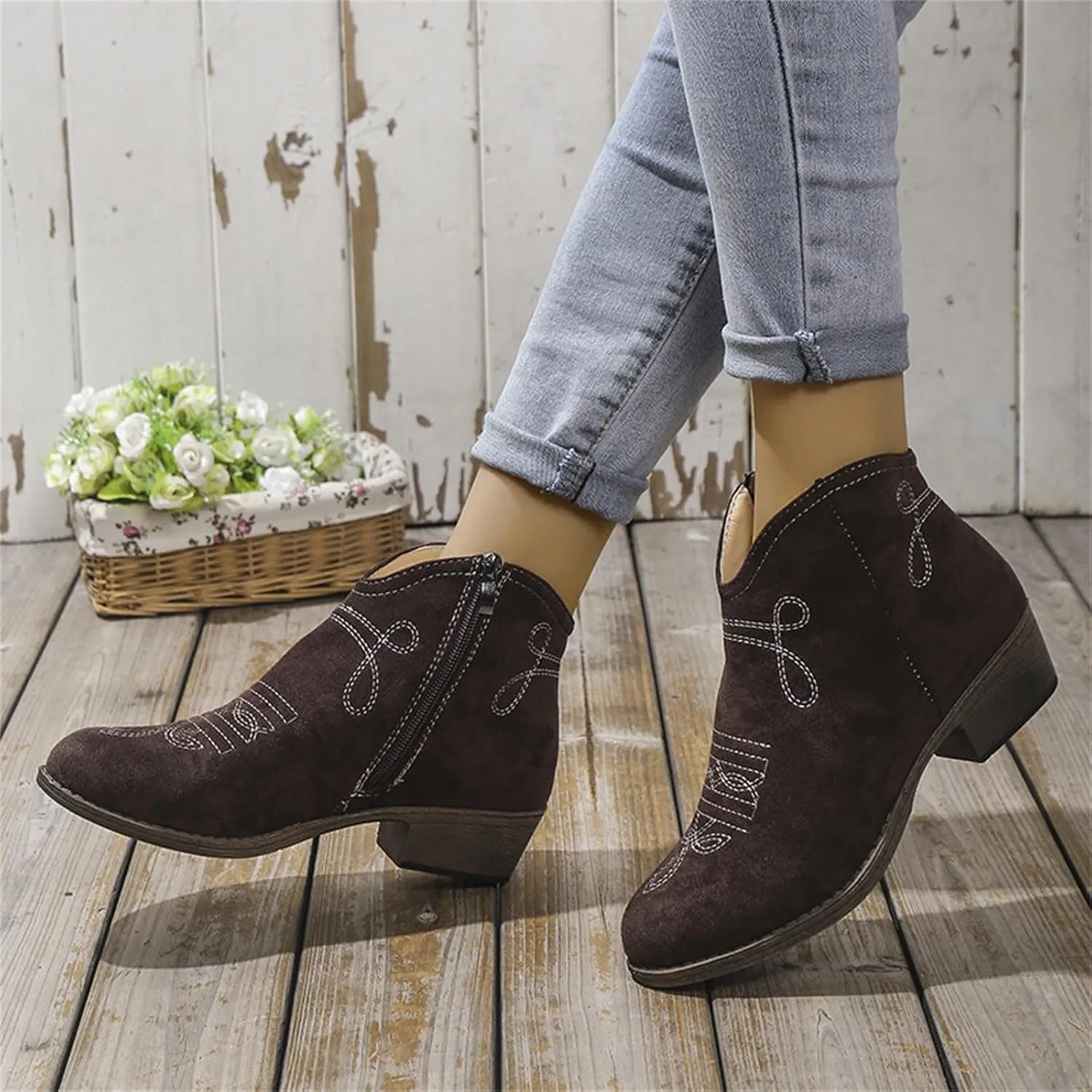 Boots for Women Ankle Booties Black Boots for Women Winter Fashion Short Boots Side Zipper Chunky Heel Low Boots