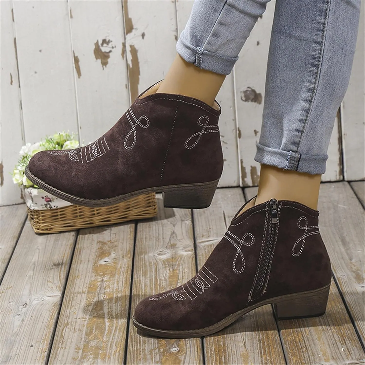 Boots for Women Ankle Booties Black Boots for Women Winter Fashion Short Boots Side Zipper Chunky Heel Low Boots