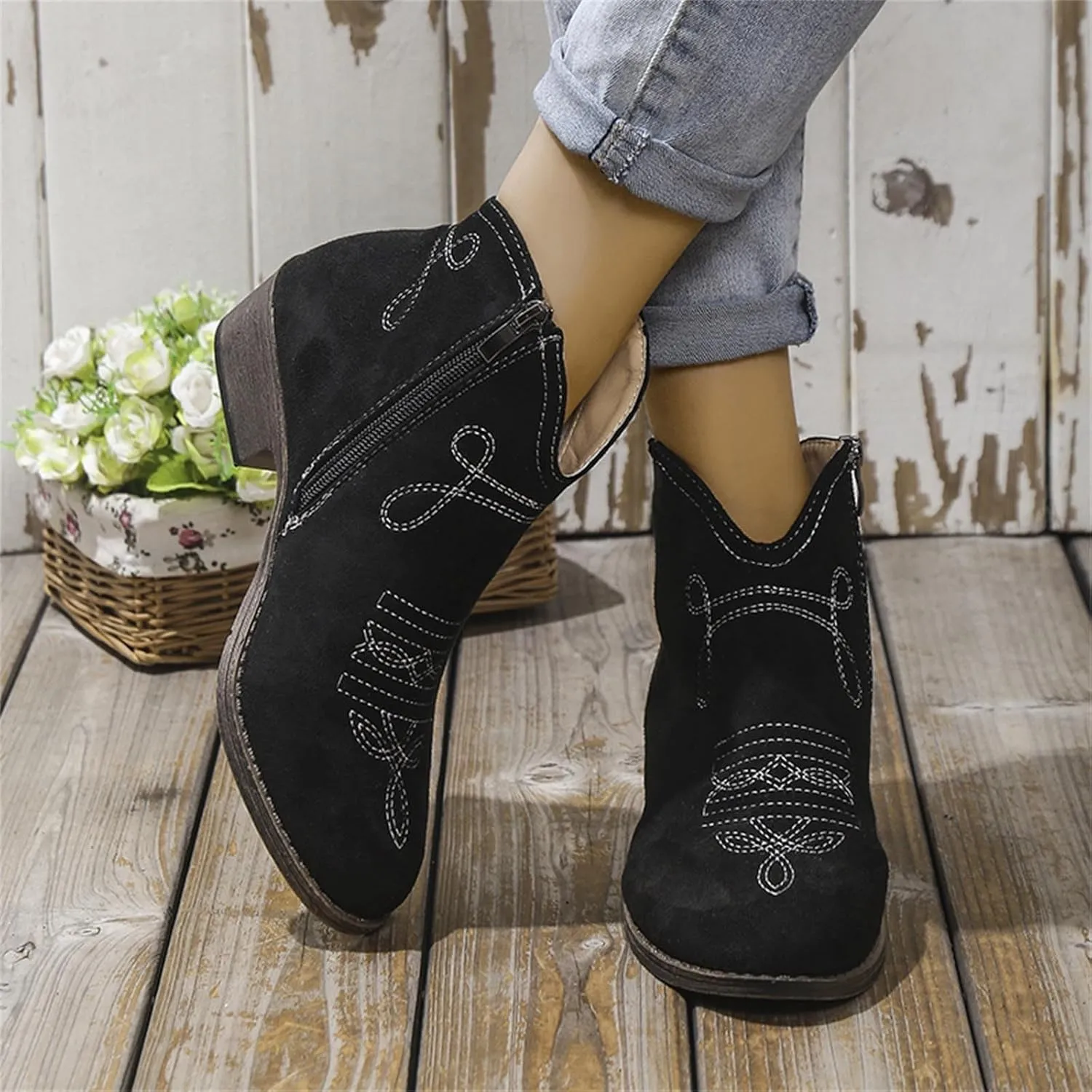 Boots for Women Ankle Booties Black Boots for Women Winter Fashion Short Boots Side Zipper Chunky Heel Low Boots