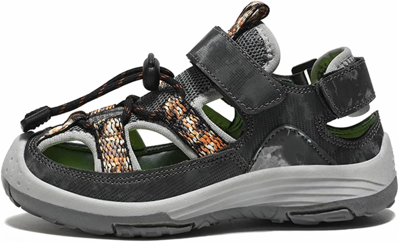 Boys Girls Big Kids Close Toe Drawstring Outdoor Summer Sandals Hook & Loop Light-Weight Soft Sole Beach Sandals