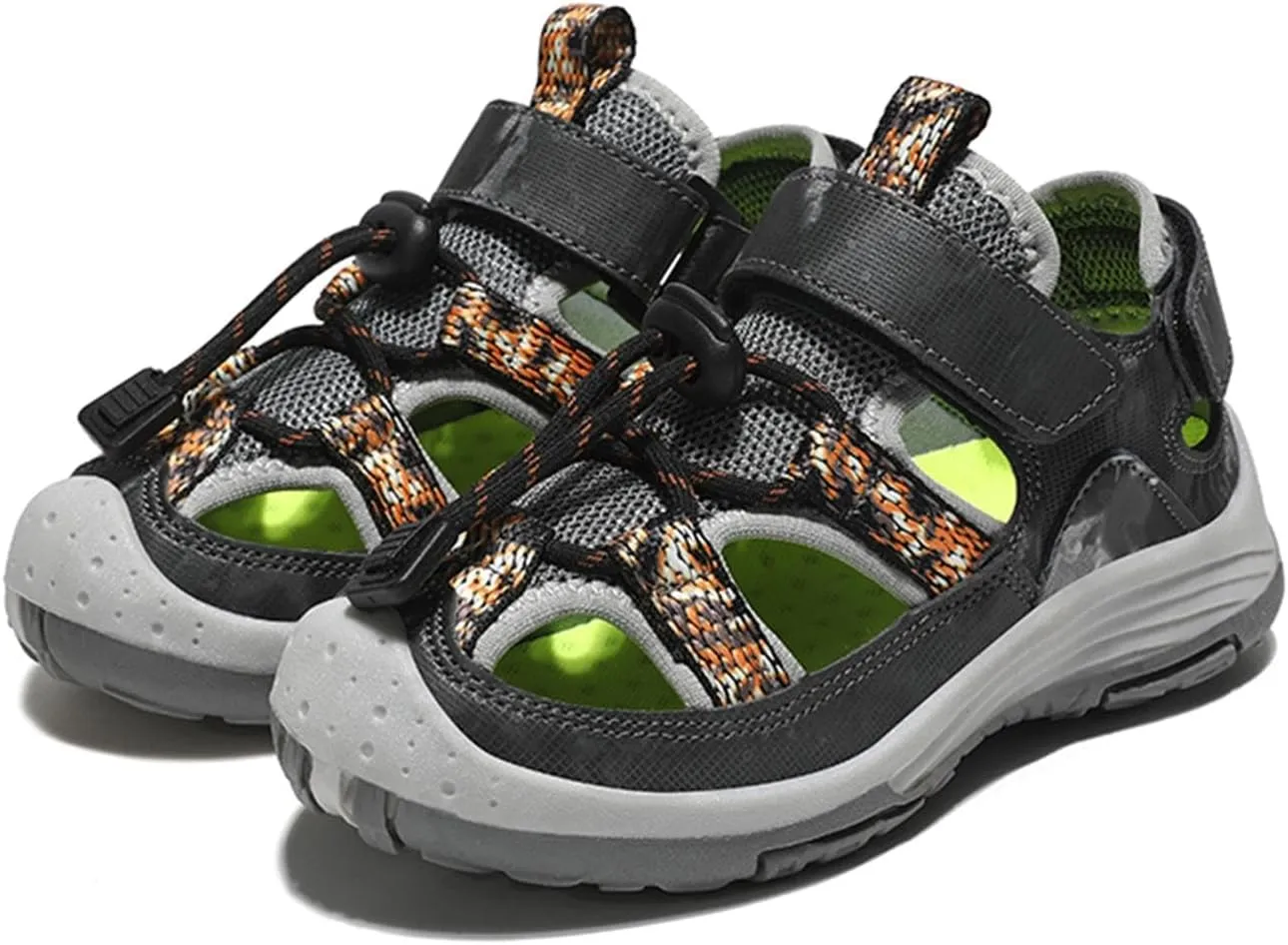 Boys Girls Big Kids Close Toe Drawstring Outdoor Summer Sandals Hook & Loop Light-Weight Soft Sole Beach Sandals