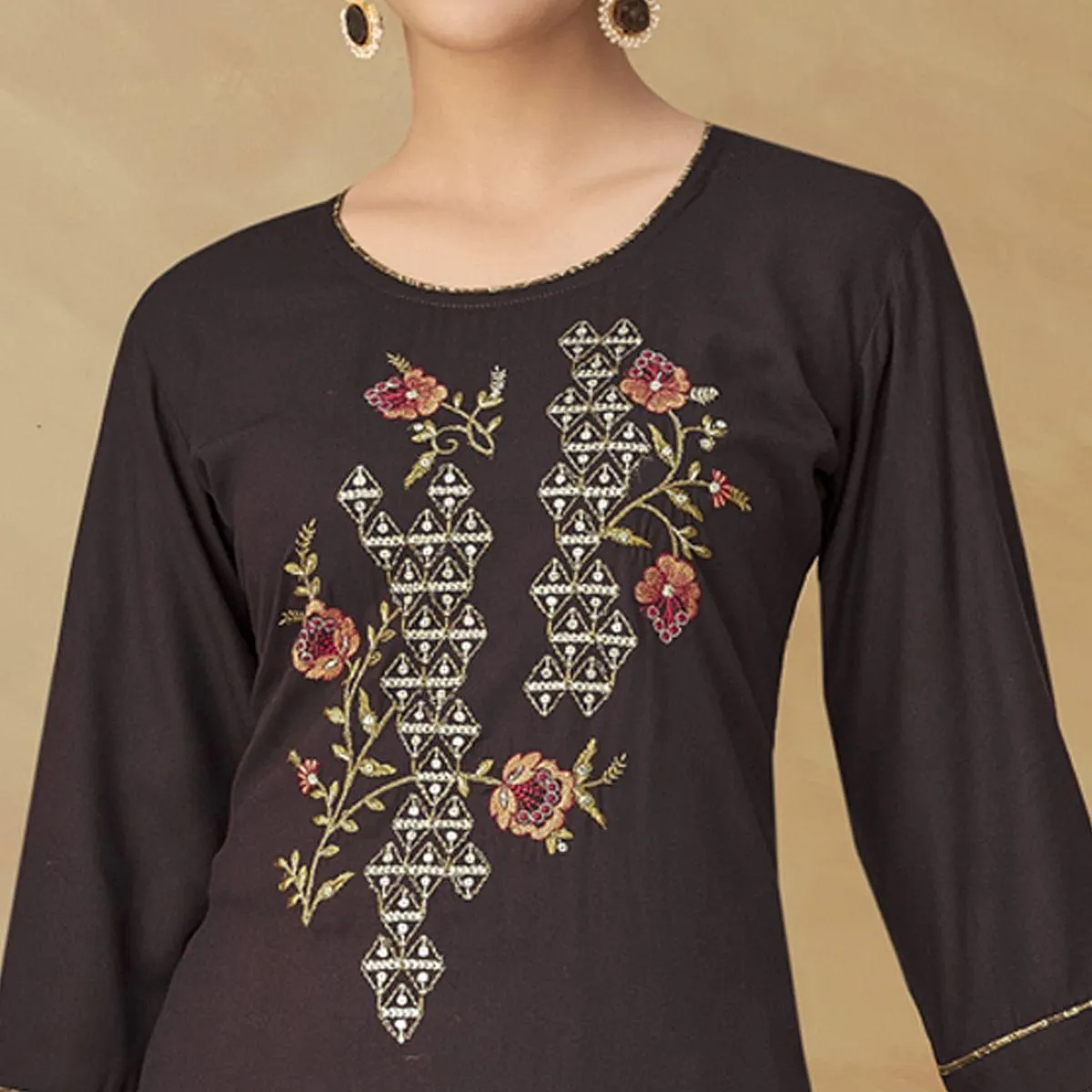 Brown Partywear Floral Embroidered Rayon Kurti Palazzo Set