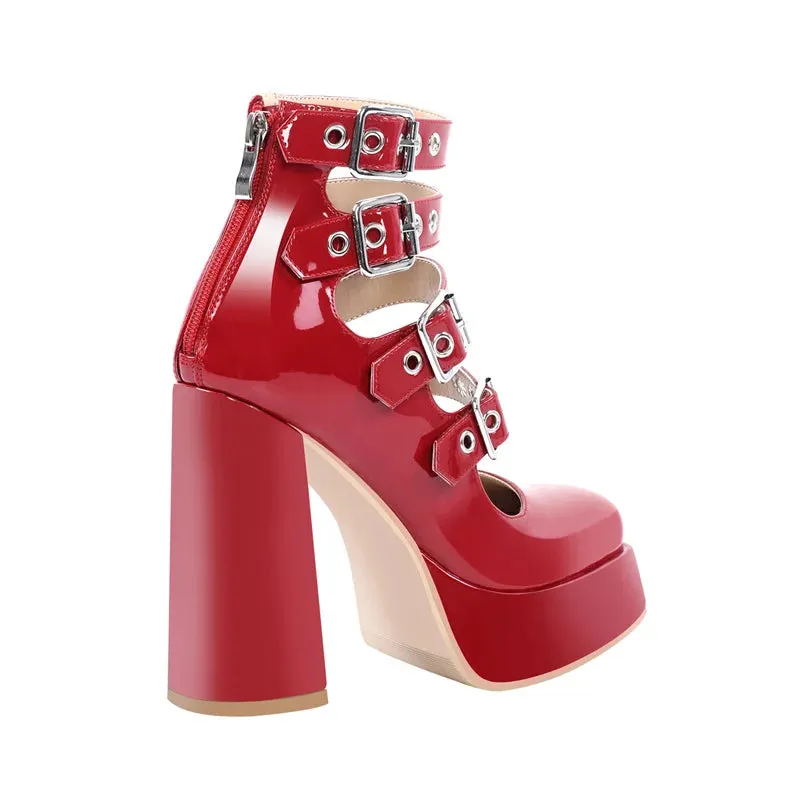 Buckles Straps Platform Pumps Gothic Block High Heels Shoes