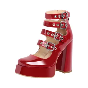 Buckles Straps Platform Pumps Gothic Block High Heels Shoes