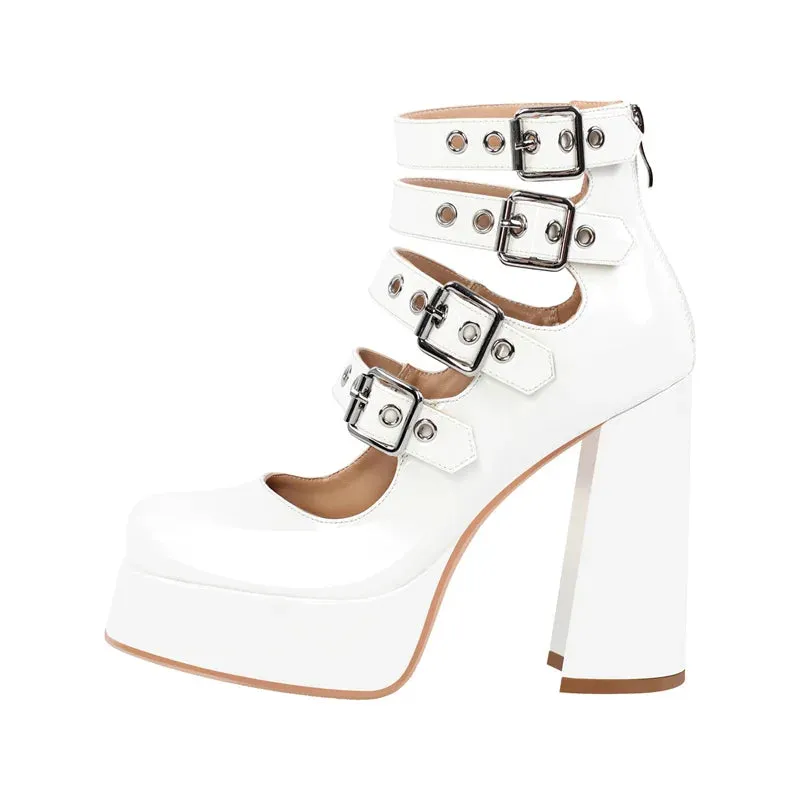 Buckles Straps Platform Pumps Gothic Block High Heels Shoes