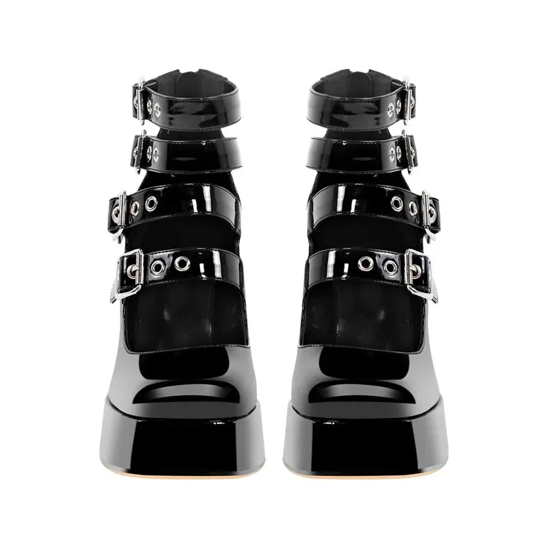 Buckles Straps Platform Pumps Gothic Block High Heels Shoes