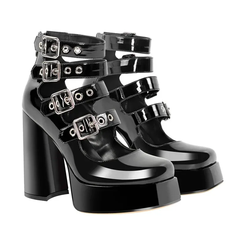 Buckles Straps Platform Pumps Gothic Block High Heels Shoes