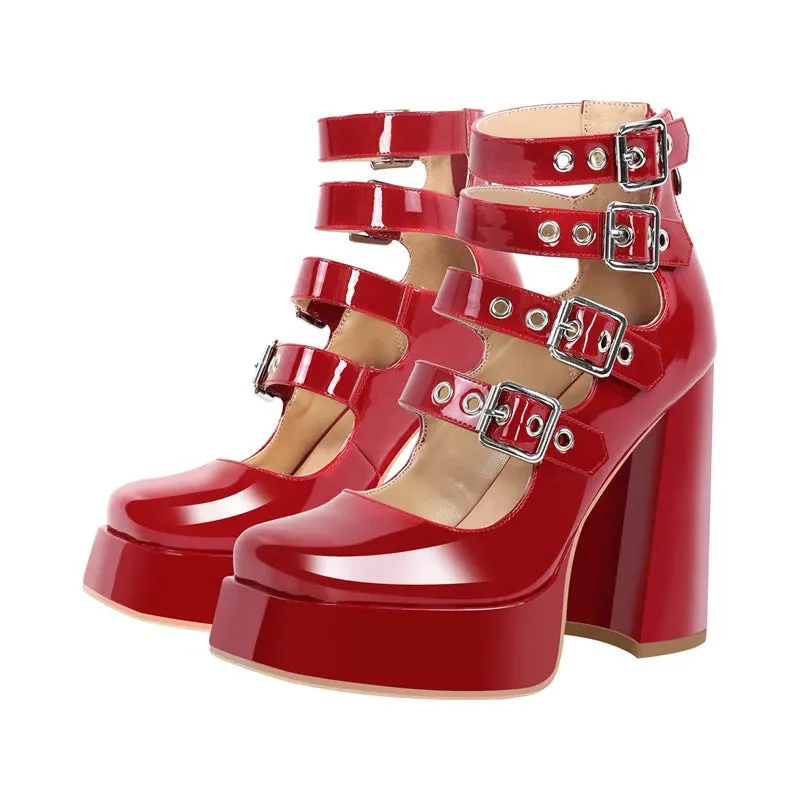 Buckles Straps Platform Pumps Gothic Block High Heels Shoes