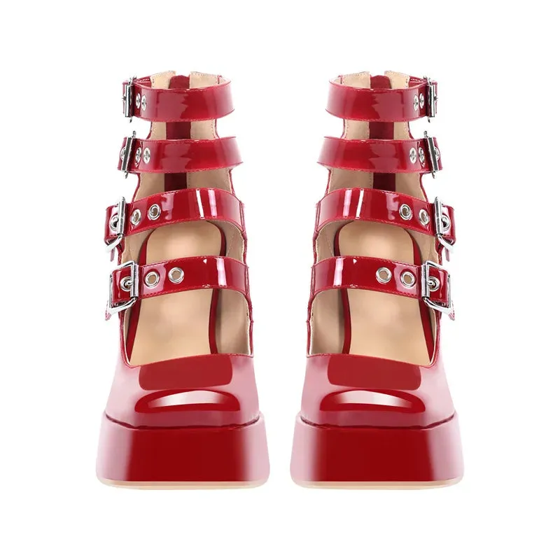 Buckles Straps Platform Pumps Gothic Block High Heels Shoes