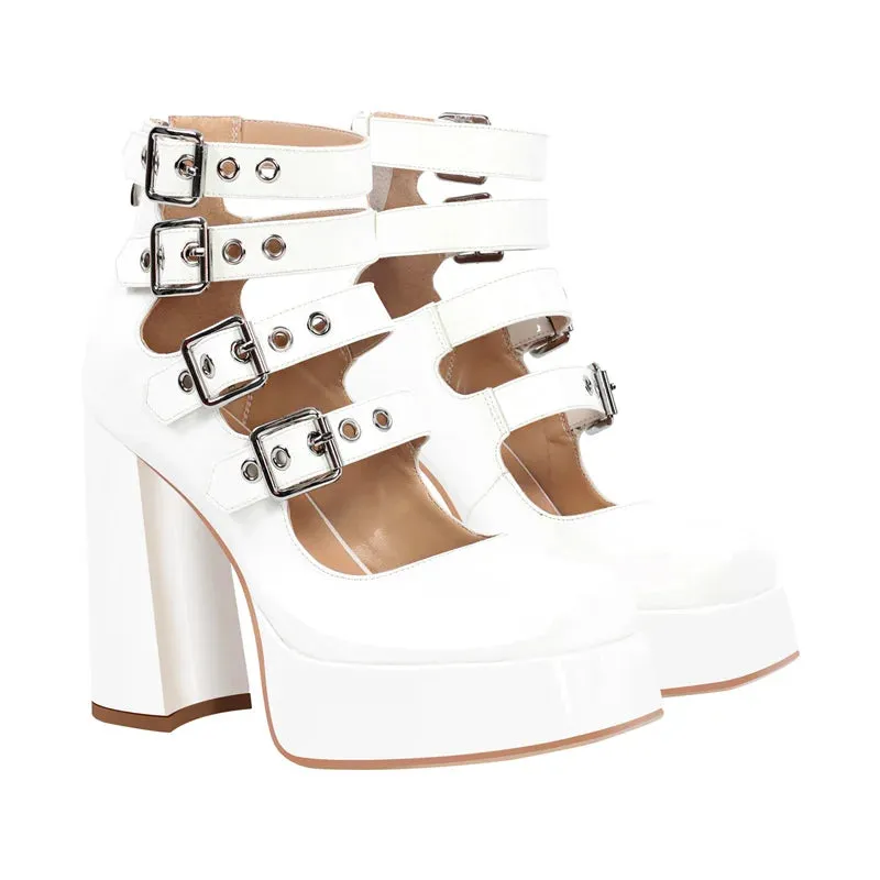 Buckles Straps Platform Pumps Gothic Block High Heels Shoes