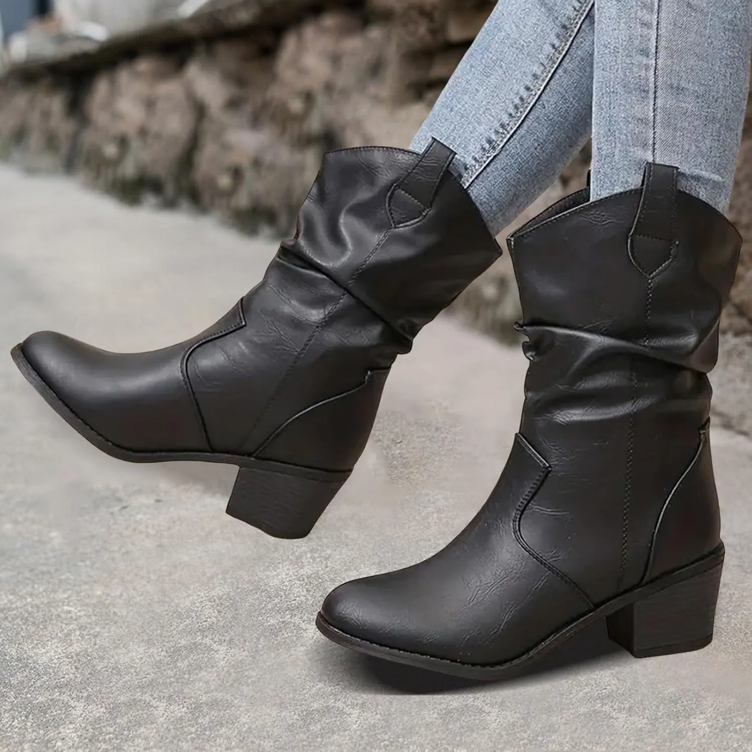 Cathalem Cowgirl Boots for Women, Cowboy Cowgirl Western Ankle Boots Fashion Low Chunky Heels Square Toe Fall Short Booties
