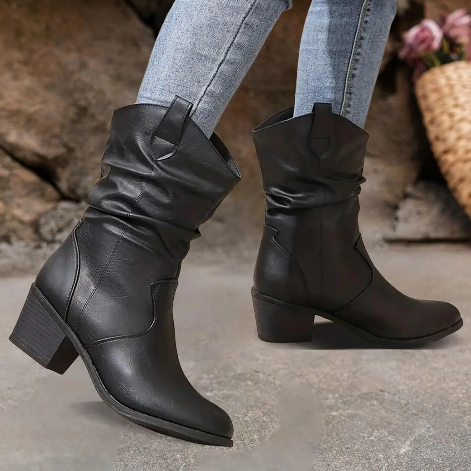 Cathalem Cowgirl Boots for Women, Cowboy Cowgirl Western Ankle Boots Fashion Low Chunky Heels Square Toe Fall Short Booties