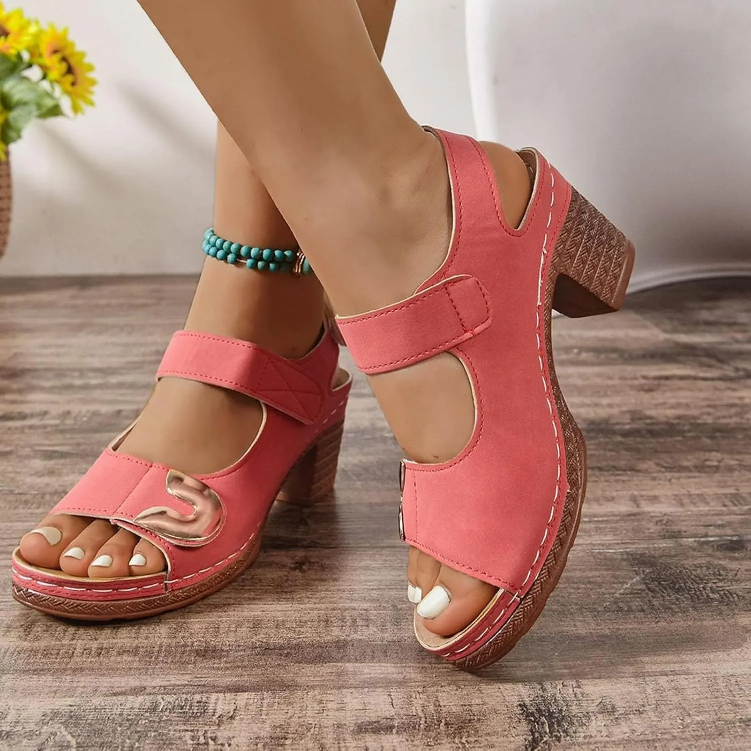 Chunky Block Heeled Sandals for Women Dressy Arch Support Ankle Strap Wedge Sandals Summer Open Toe Sandal Hollow Out Open Toe Low Heel Breathable Shoes Vacation Beach Shoes
