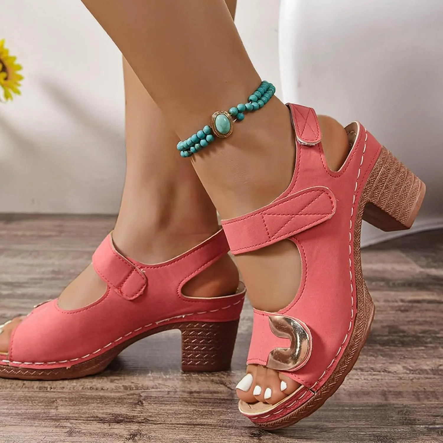 Chunky Block Heeled Sandals for Women Dressy Arch Support Ankle Strap Wedge Sandals Summer Open Toe Sandal Hollow Out Open Toe Low Heel Breathable Shoes Vacation Beach Shoes