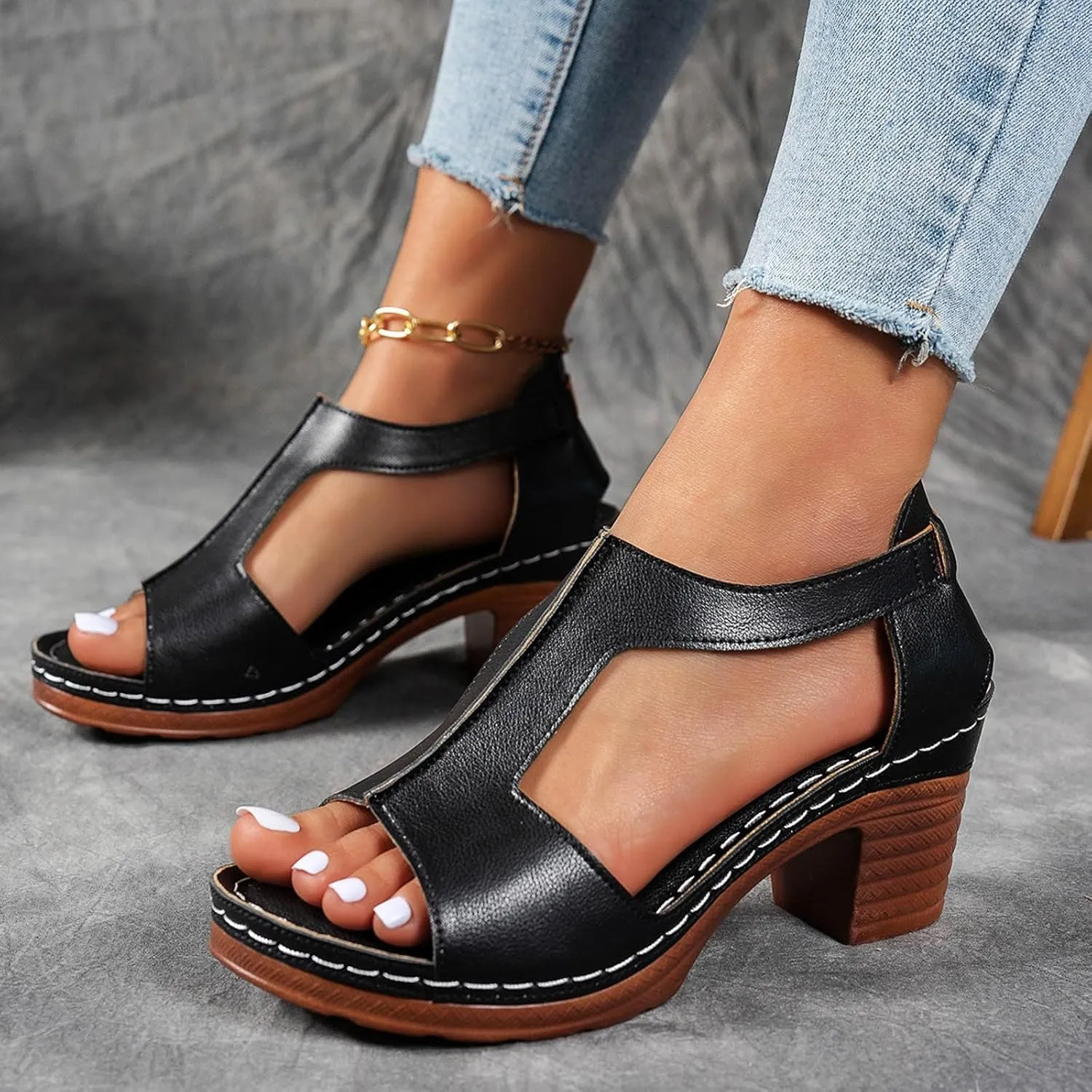Chunky Heel Sandals for Women 2025 Dressy Summer Heeled Sandals, Fish Mouth Open Toe High Heels Hollow Out Breathable Dress Shoes Casual Comfortable Slip On Walking Sandal