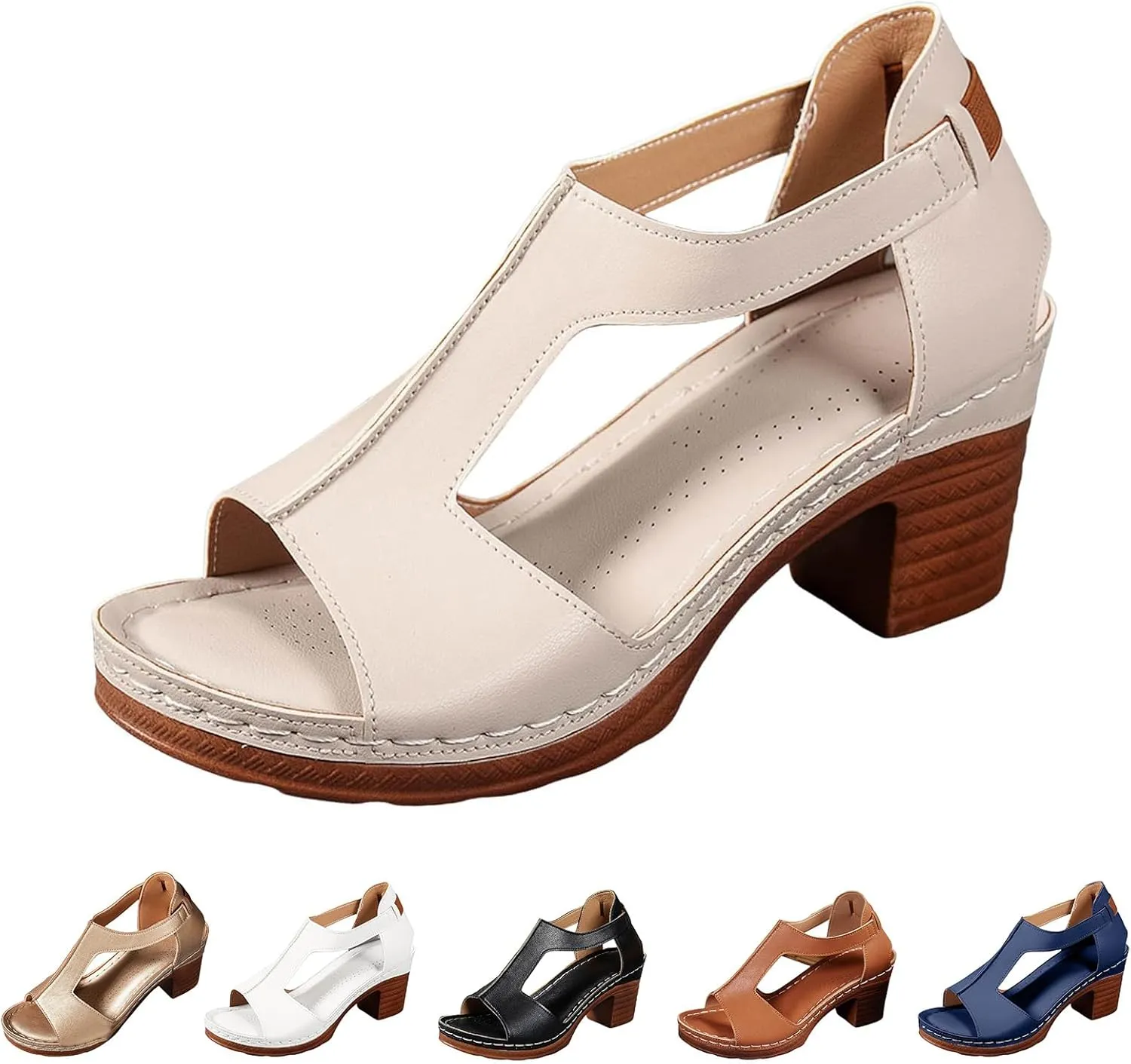 Chunky Heel Sandals for Women 2025 Dressy Summer Heeled Sandals, Fish Mouth Open Toe High Heels Hollow Out Breathable Dress Shoes Casual Comfortable Slip On Walking Sandal