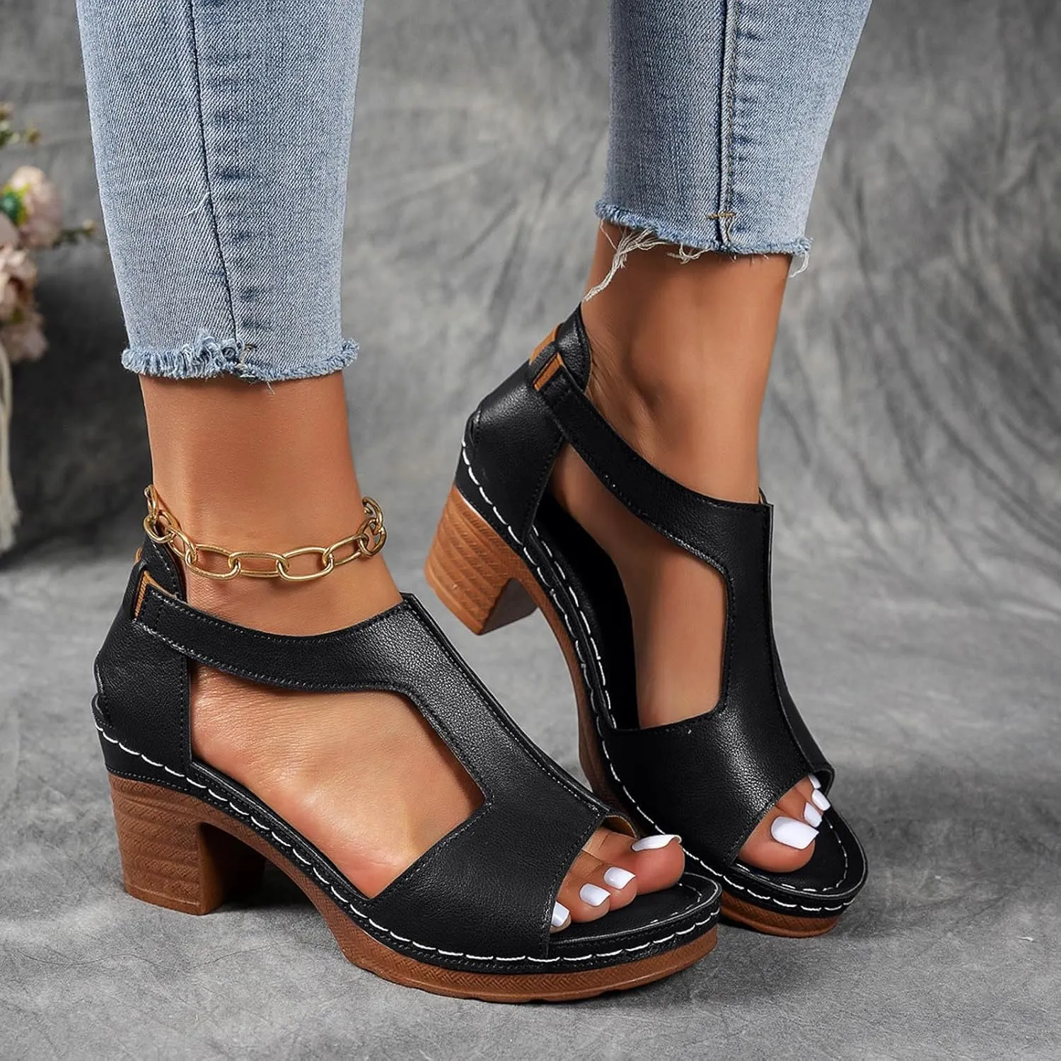 Chunky Heel Sandals for Women 2025 Dressy Summer Heeled Sandals, Fish Mouth Open Toe High Heels Hollow Out Breathable Dress Shoes Casual Comfortable Slip On Walking Sandal