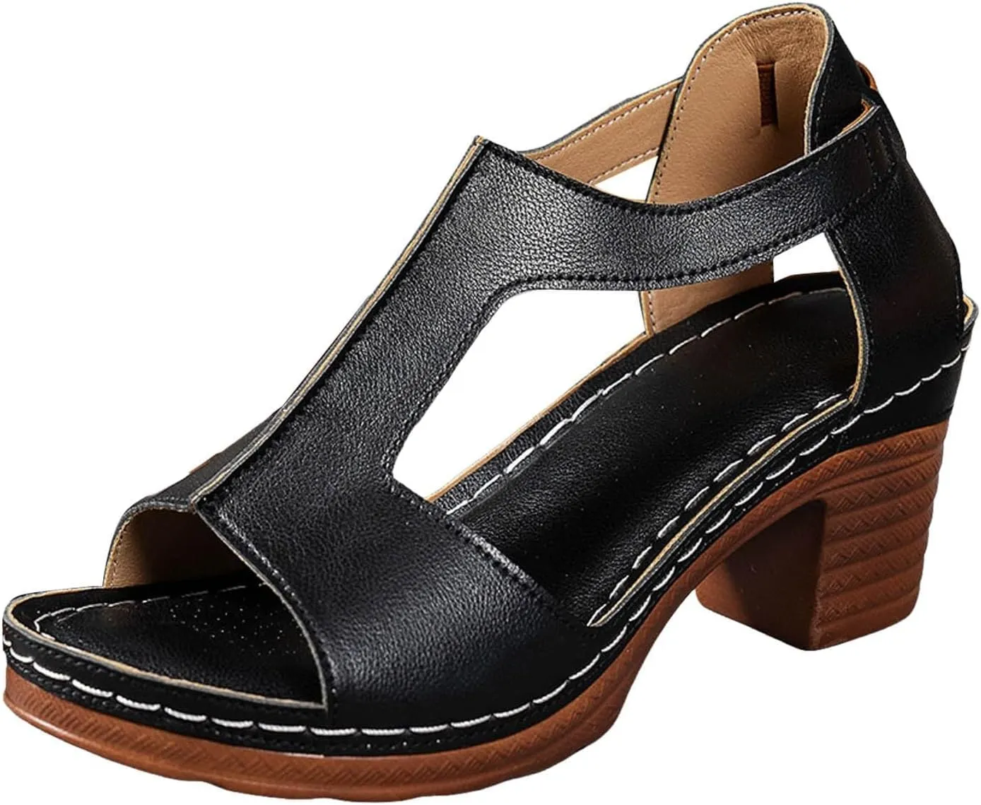 Chunky Heel Sandals for Women 2025 Dressy Summer Heeled Sandals, Fish Mouth Open Toe High Heels Hollow Out Breathable Dress Shoes Casual Comfortable Slip On Walking Sandal