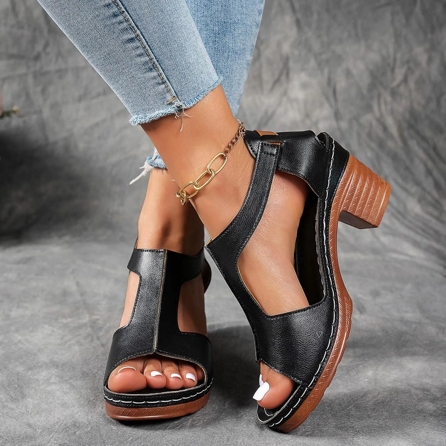 Chunky Heel Sandals for Women 2025 Dressy Summer Heeled Sandals, Fish Mouth Open Toe High Heels Hollow Out Breathable Dress Shoes Casual Comfortable Slip On Walking Sandal