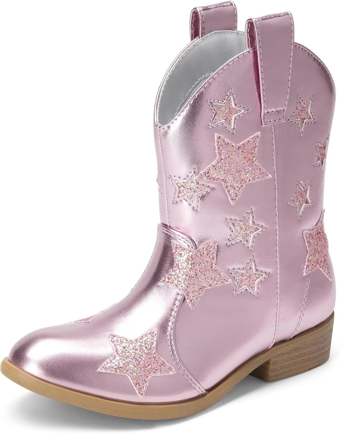 DREAM PAIRS Girls Cowgirl Boots Mid Calf Glitter Cowboy Western Boots Toddler Girls Star Riding Shoes