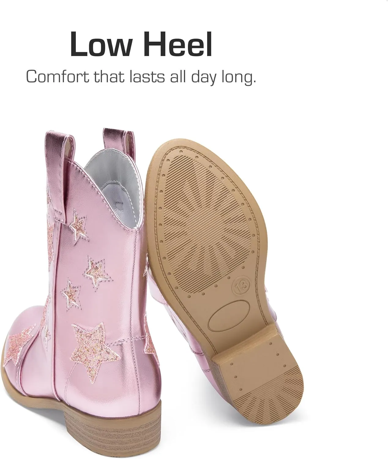 DREAM PAIRS Girls Cowgirl Boots Mid Calf Glitter Cowboy Western Boots Toddler Girls Star Riding Shoes