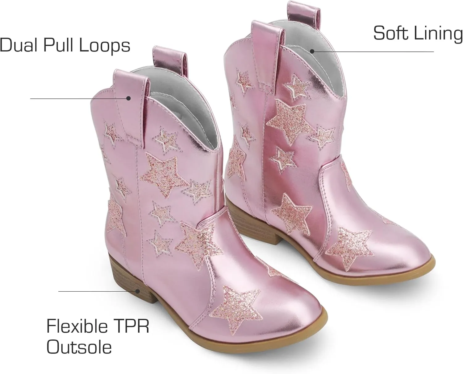DREAM PAIRS Girls Cowgirl Boots Mid Calf Glitter Cowboy Western Boots Toddler Girls Star Riding Shoes