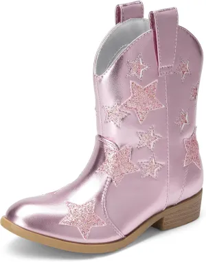 DREAM PAIRS Girls Cowgirl Boots Mid Calf Glitter Cowboy Western Boots Toddler Girls Star Riding Shoes