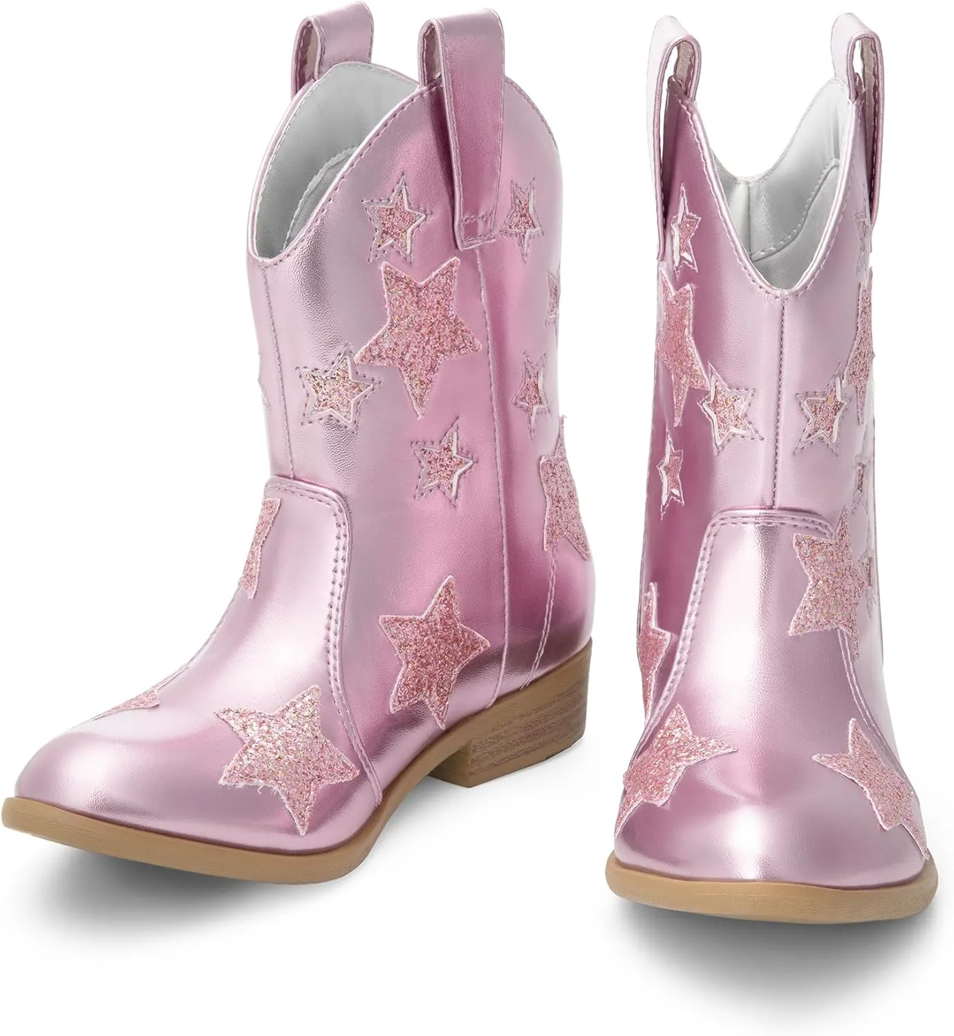 DREAM PAIRS Girls Cowgirl Boots Mid Calf Glitter Cowboy Western Boots Toddler Girls Star Riding Shoes
