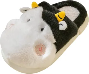 Girls Boys Cow Slippers for Toddler Kids, Cute Fuzzy Cartoon Animal Slippers, Boys Fluffy House Bedroom Shoes