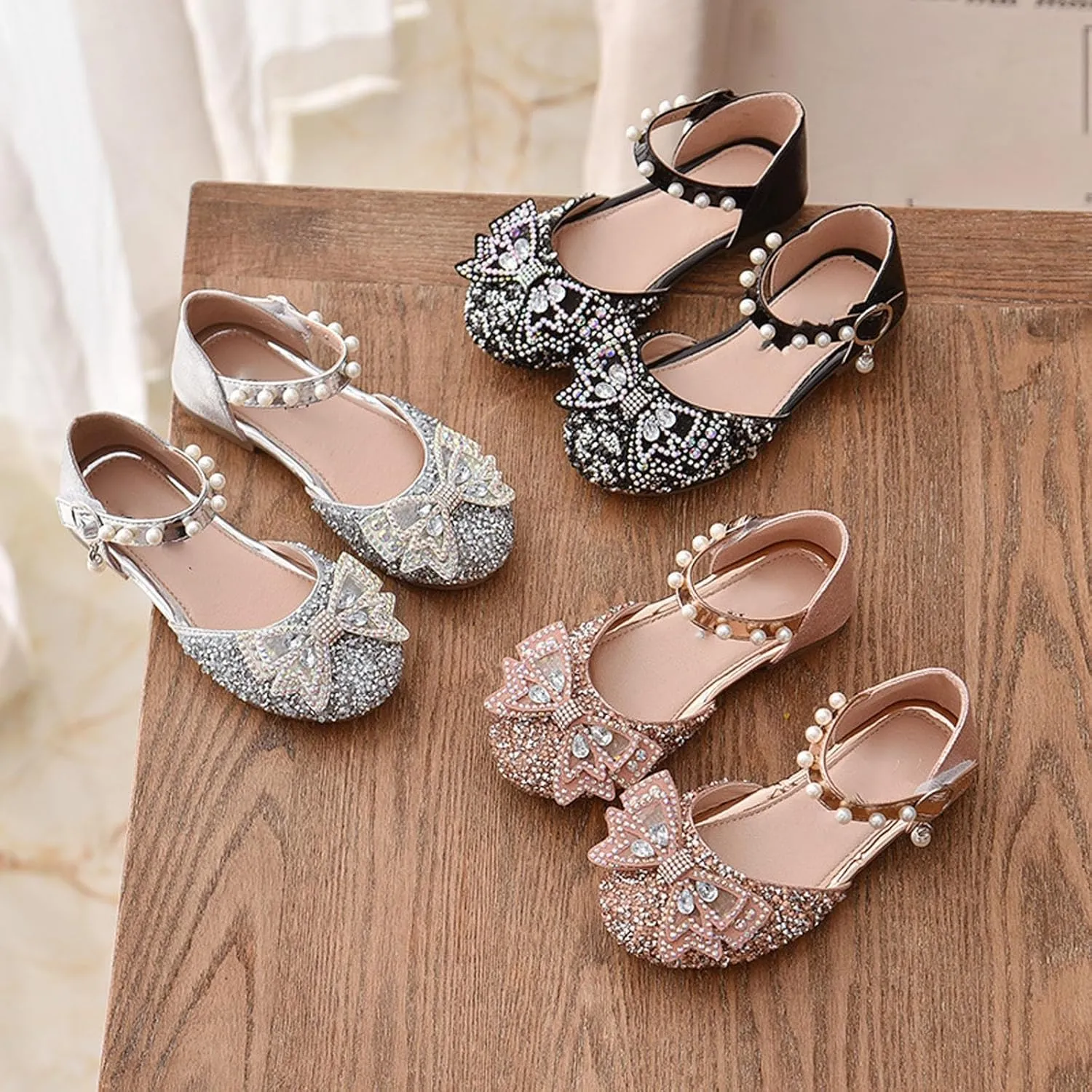 Girls Sandals Glittler Bow Dress Shoes Princess Crystal Mary Jane Party Wedding Flower Girls Shoes for Kid Toddler