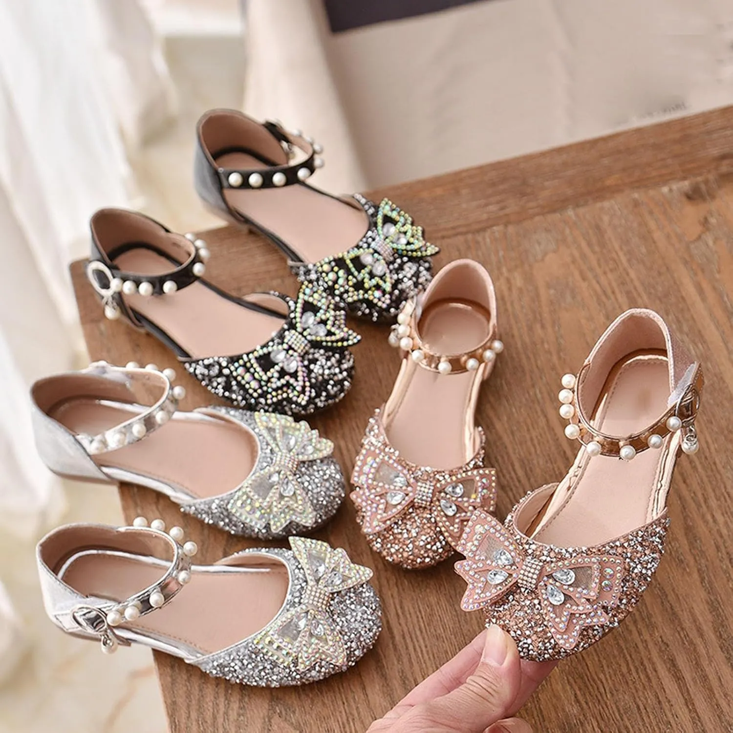 Girls Sandals Glittler Bow Dress Shoes Princess Crystal Mary Jane Party Wedding Flower Girls Shoes for Kid Toddler