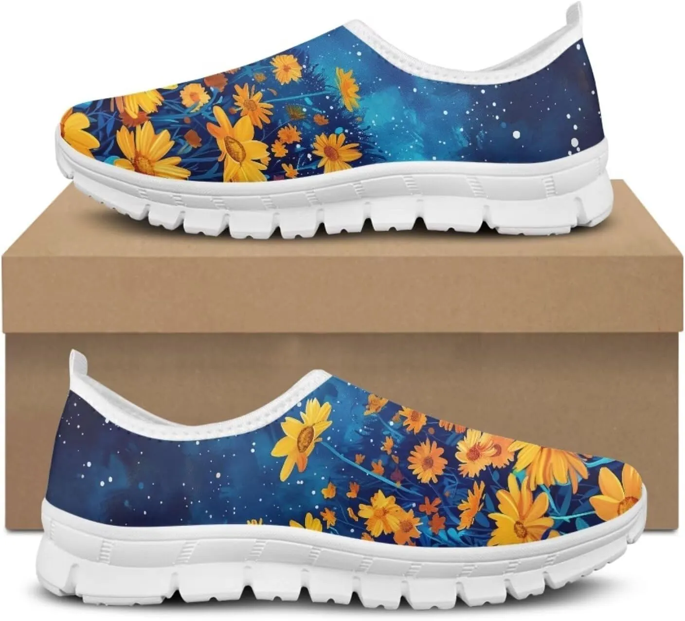 Jeiento Yellow Sunflowers Butterfly Loafers for Women Slip on Casual Walking Shoes