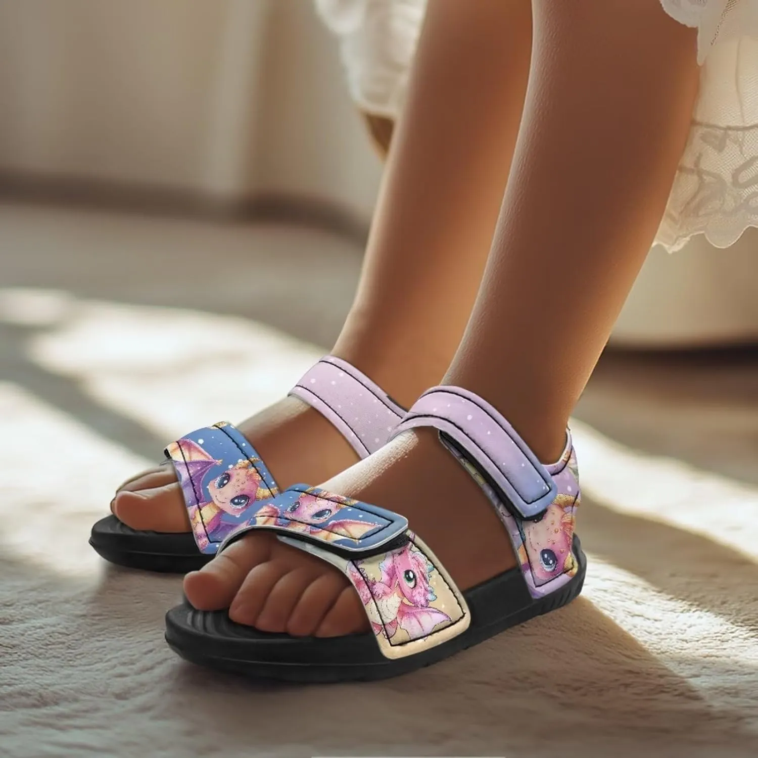 Kids Sandals Dragon Print Summer Sport Hiking Sandals Leather Beach Water Shoes for Boys Girls