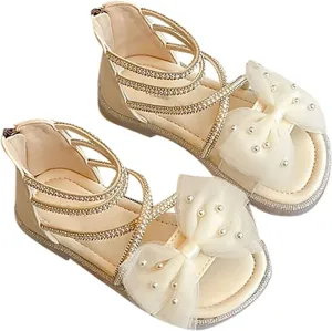 Kids Toddler Girls Pearl Bow Roman Sandals Fashion Glitter Strappy Beach Dress Sandals Girl Princess Flat Shoes