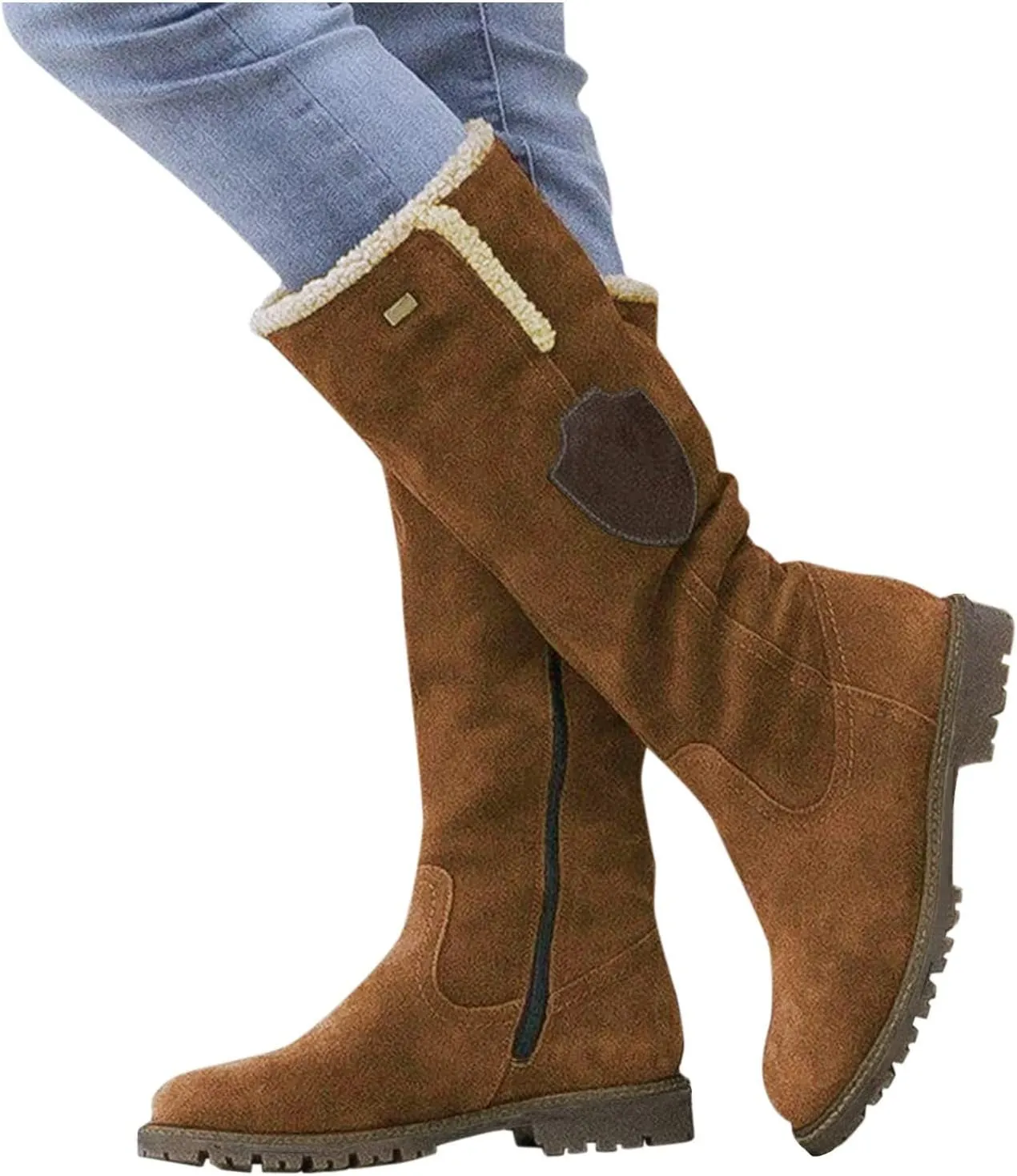 Knee High Boots Women Low Heel Winter Boots for Women Retro Side Zipper Long Cotton Boots Snow Boots Warm Shoes