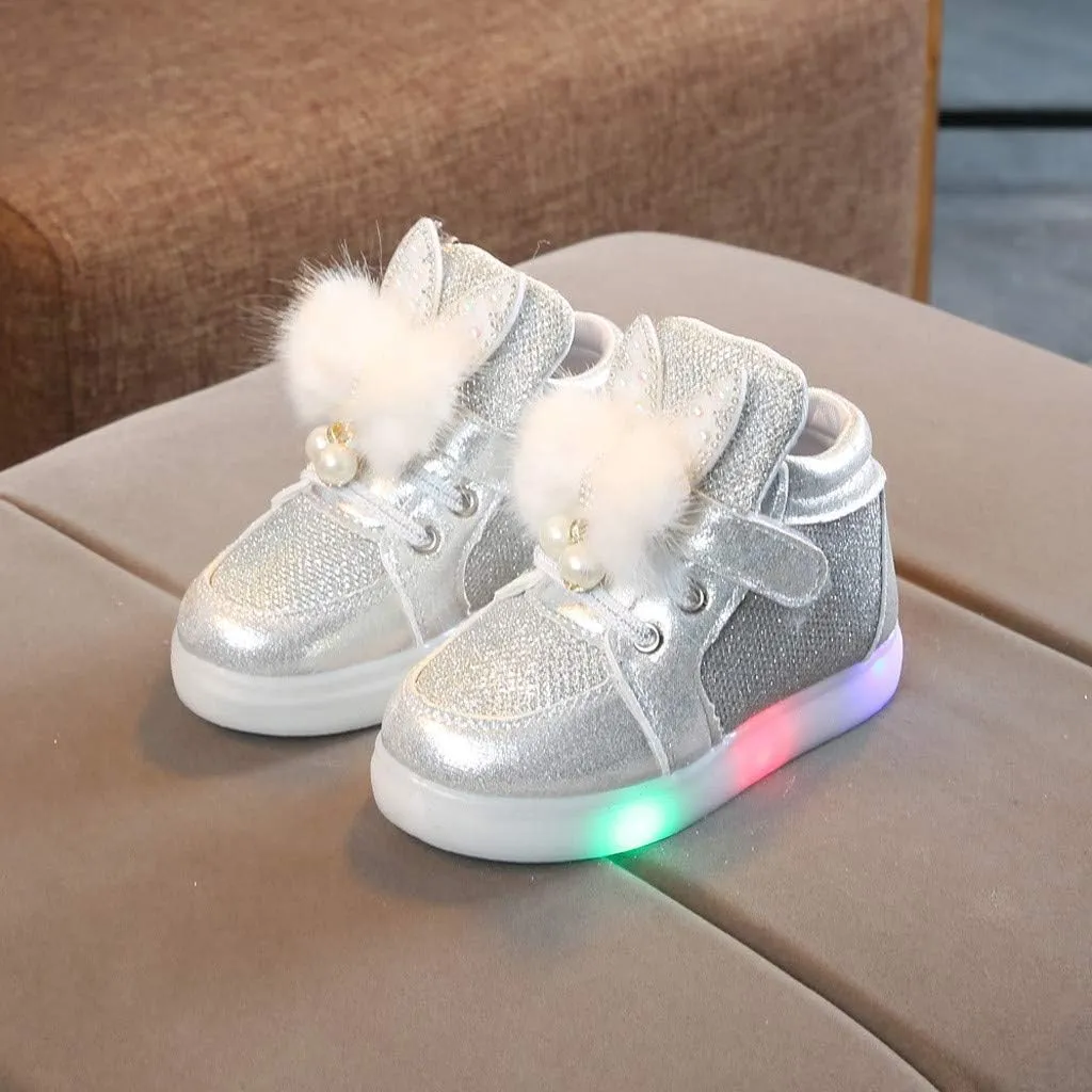 Light Up Shoes for Toddler Girls Sparkle Flashing High Top Sneakers with Rabbit Ear Non Slip Walking Shoes for Kids
