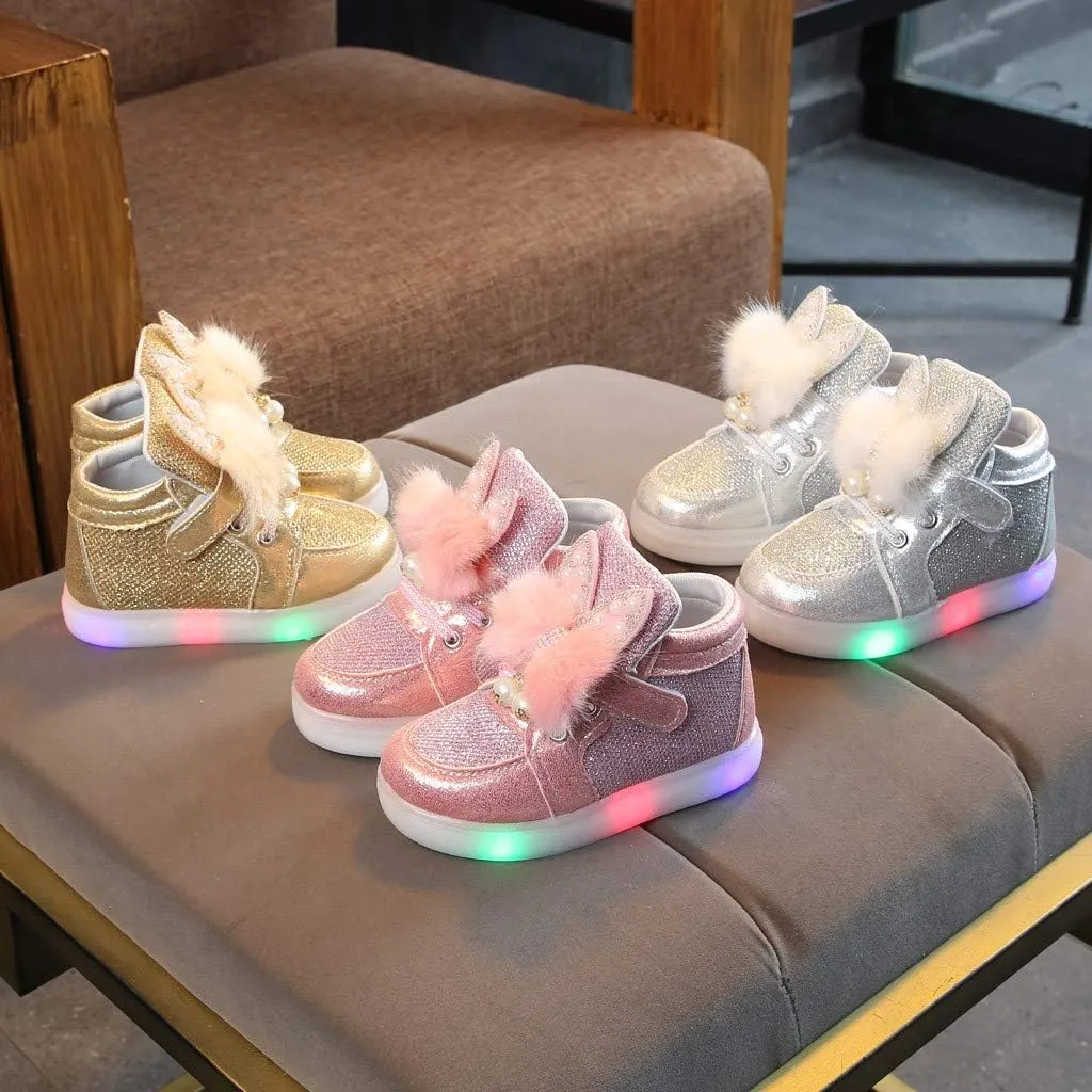 Light Up Shoes for Toddler Girls Sparkle Flashing High Top Sneakers with Rabbit Ear Non Slip Walking Shoes for Kids