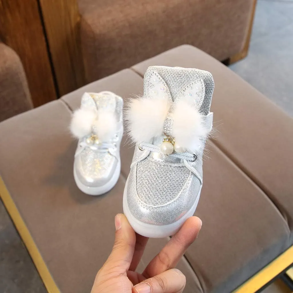 Light Up Shoes for Toddler Girls Sparkle Flashing High Top Sneakers with Rabbit Ear Non Slip Walking Shoes for Kids