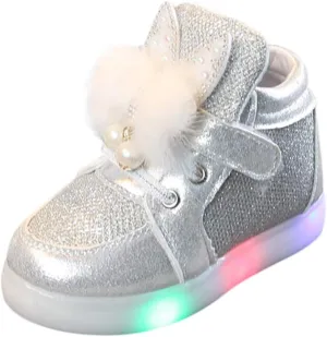 Light Up Shoes for Toddler Girls Sparkle Flashing High Top Sneakers with Rabbit Ear Non Slip Walking Shoes for Kids